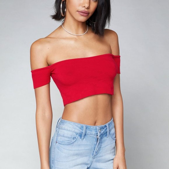 bebe Tops - Off Shoulder Bebe Jacquard Logo Crop Top